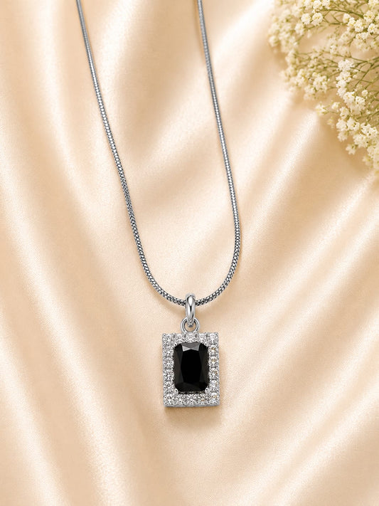 Silver Tone Black Emerald Cut Halo Necklace