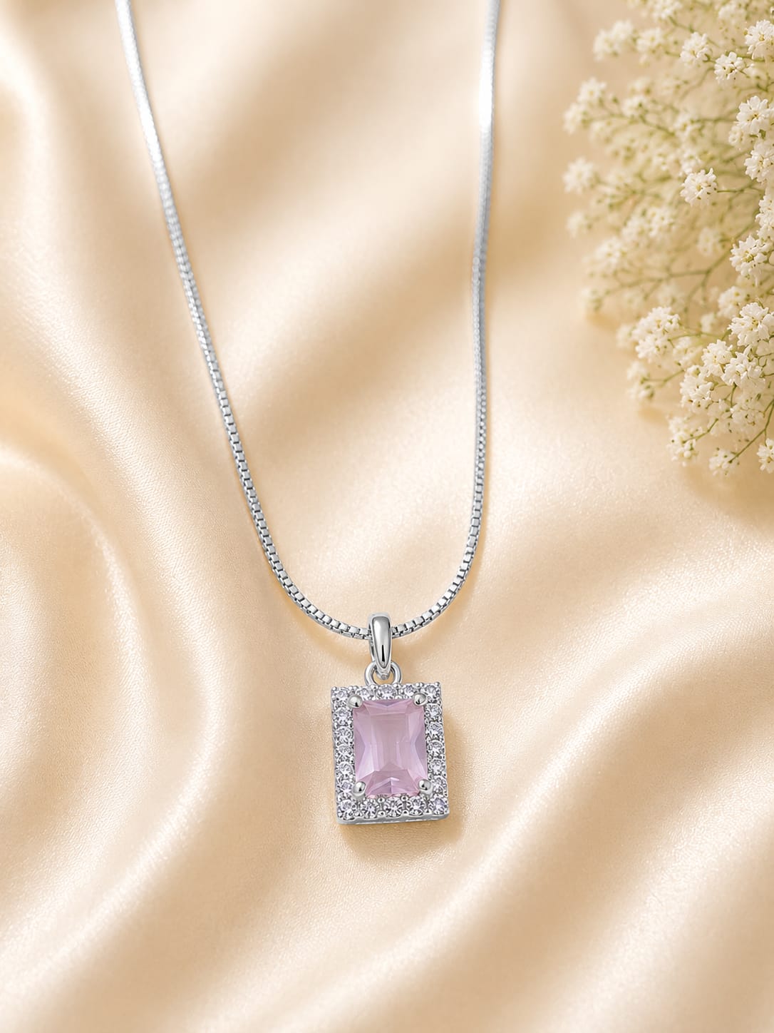 Silver Tone Soft Pink Emerald Cut Halo Necklace