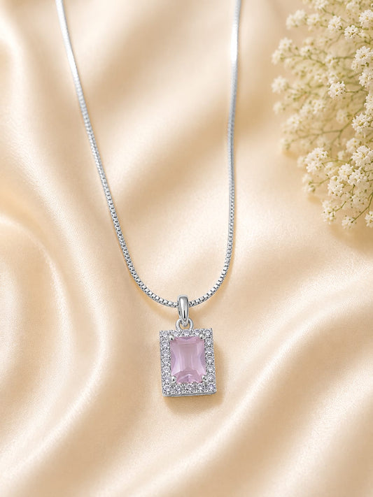 Silver Tone Soft Pink Emerald Cut Halo Necklace