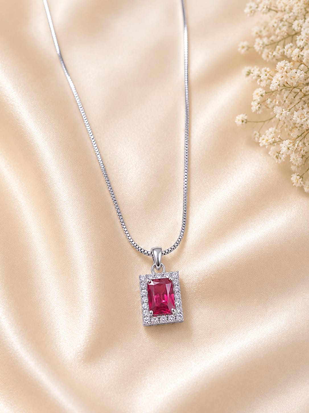 Silver Tone Rani Pink Emerald Cut Halo Necklace
