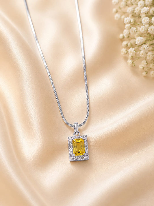 Silver Tone Hazel Emerald Cut Halo Necklace
