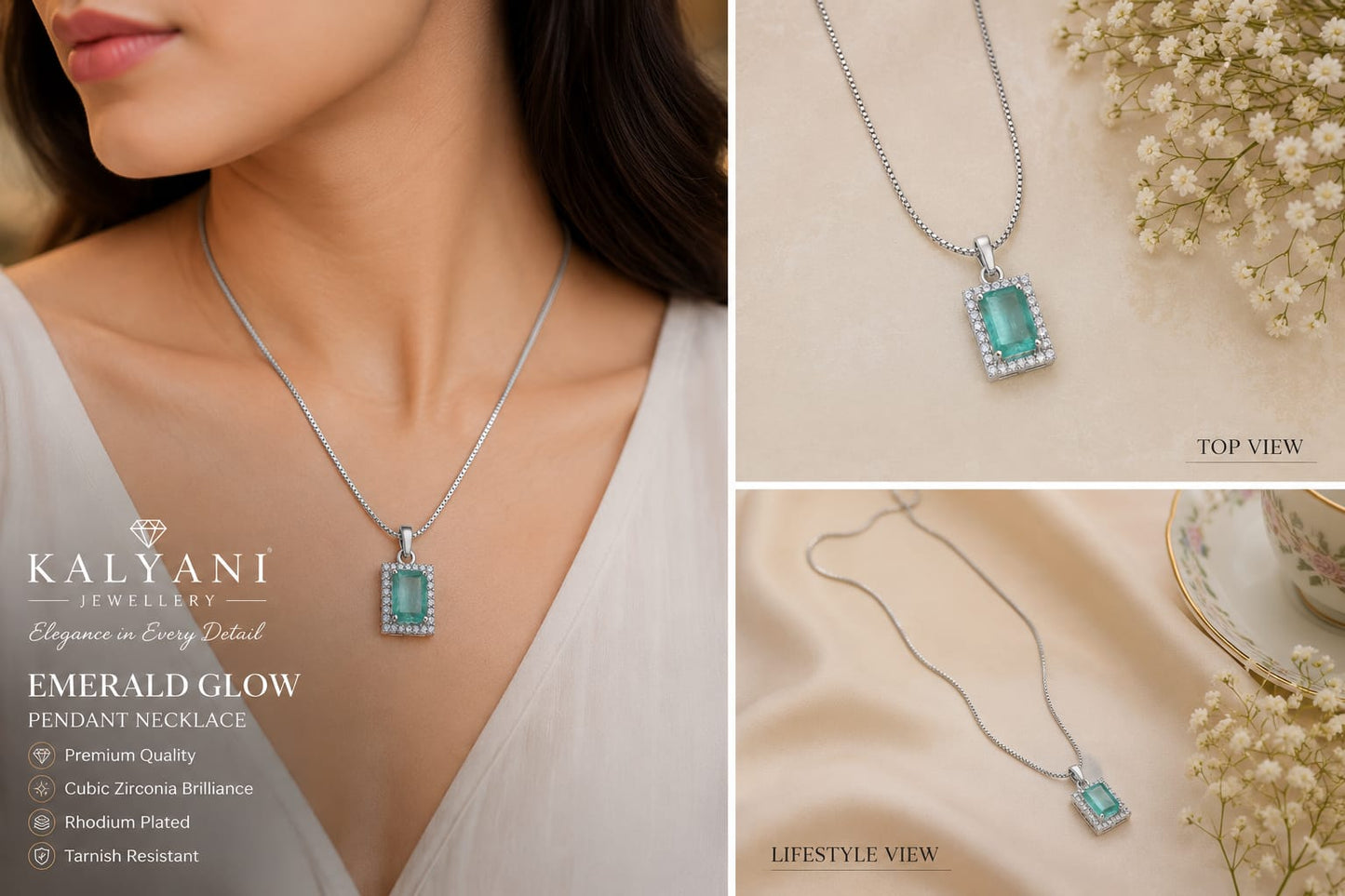 Silver Tone Blue Emerald Cut Halo Necklace
