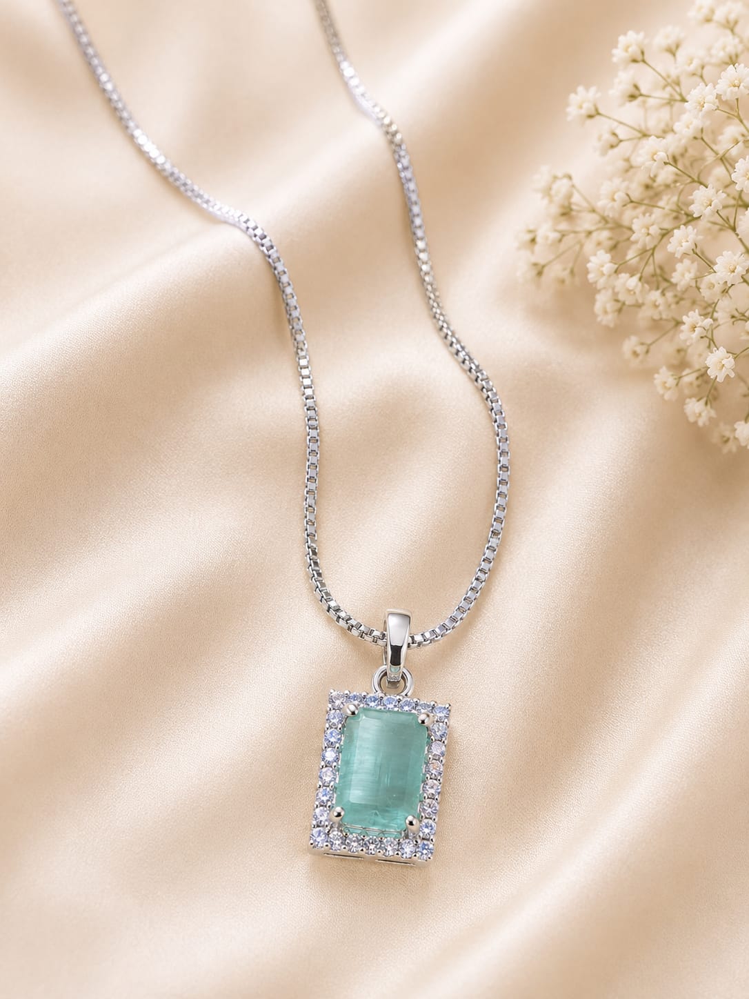 Silver Tone Blue Emerald Cut Halo Necklace