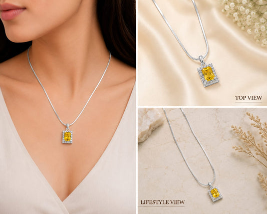 Silver Tone Hazel Emerald Cut Halo Necklace