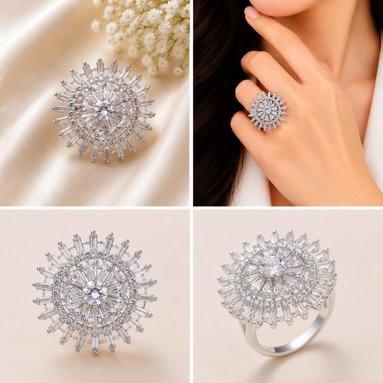 Silver Tone Baguette Crystal Sunburst Cocktail Ring