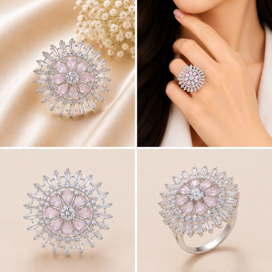 Adjustable Silver Tone Pink Statement Cocktail Ring