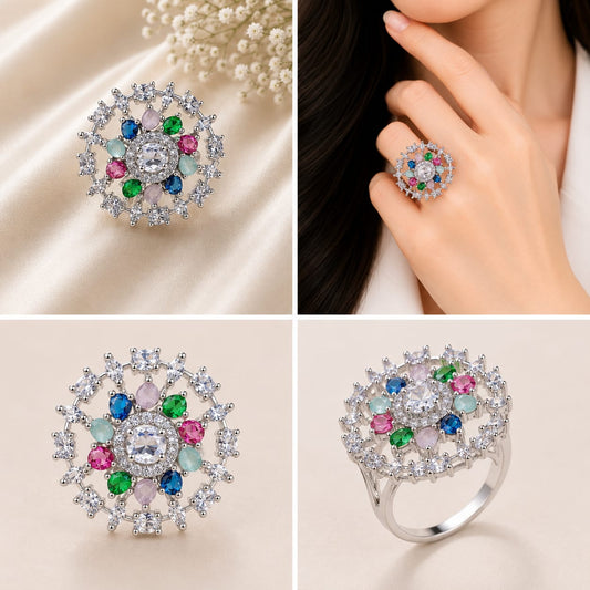 Silver Tone Vibrant Multi Stone Halo Ring