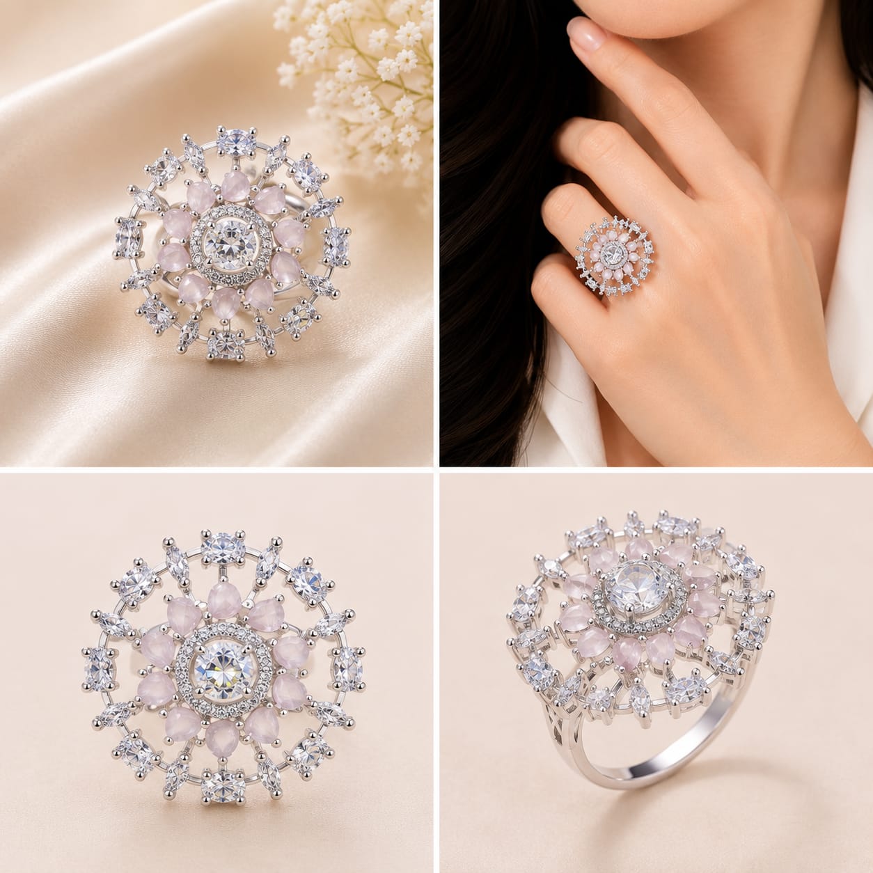 Silver Tone Pink Toned Floral Cocktail Ring