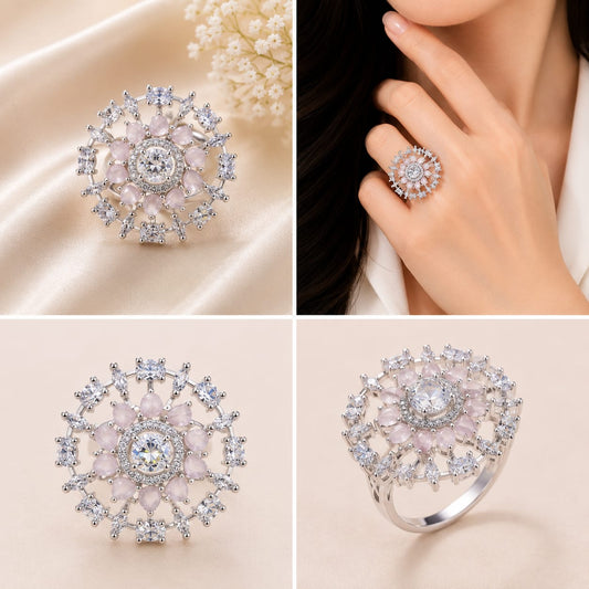 Silver Tone Pink Toned Floral Cocktail Ring