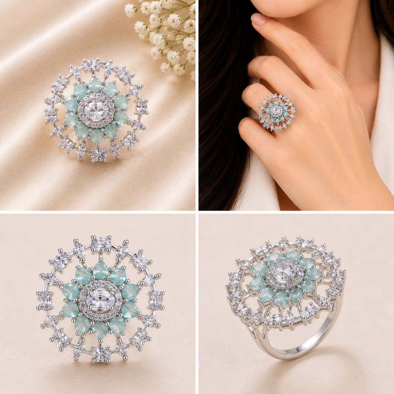 Silver Tone Mint Green Floral Cocktail Ring