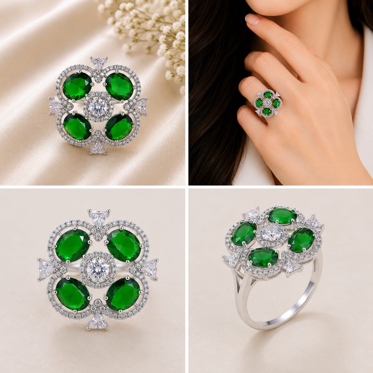 Silver Tone Emerald Green Quatrefoil Cocktail Ring