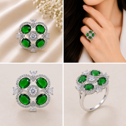Silver Tone Emerald Green Quatrefoil Cocktail Ring