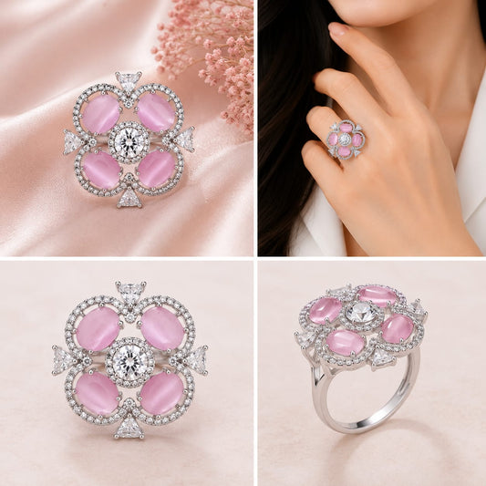 Silver Tone Emerald Pink Toned Quatrefoil Cocktail Ring