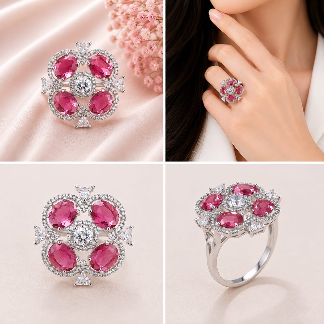Silver Tone Emerald Rani Pink Quatrefoil Cocktail Ring