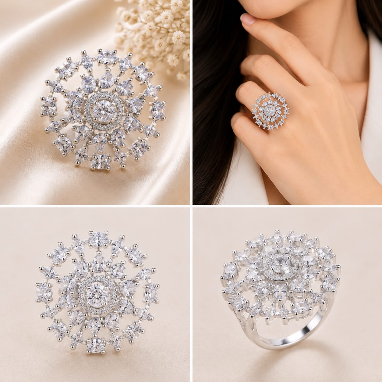 Silver Tone White Floral Cocktail Ring