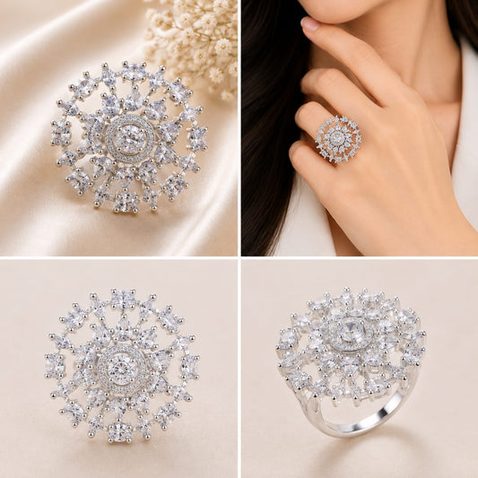 Silver Tone White Floral Cocktail Ring