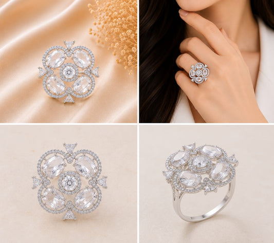 Silver Tone Emerald White Quatrefoil Cocktail Ring