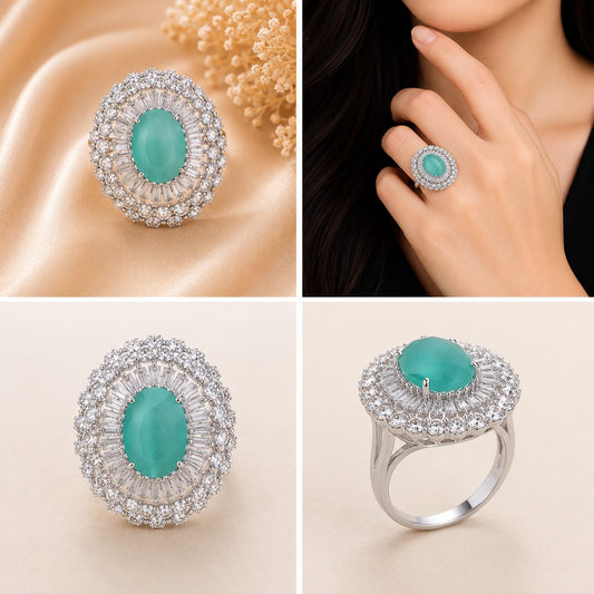 Silver Tone Seafoam Green Oval Cocktail Ring