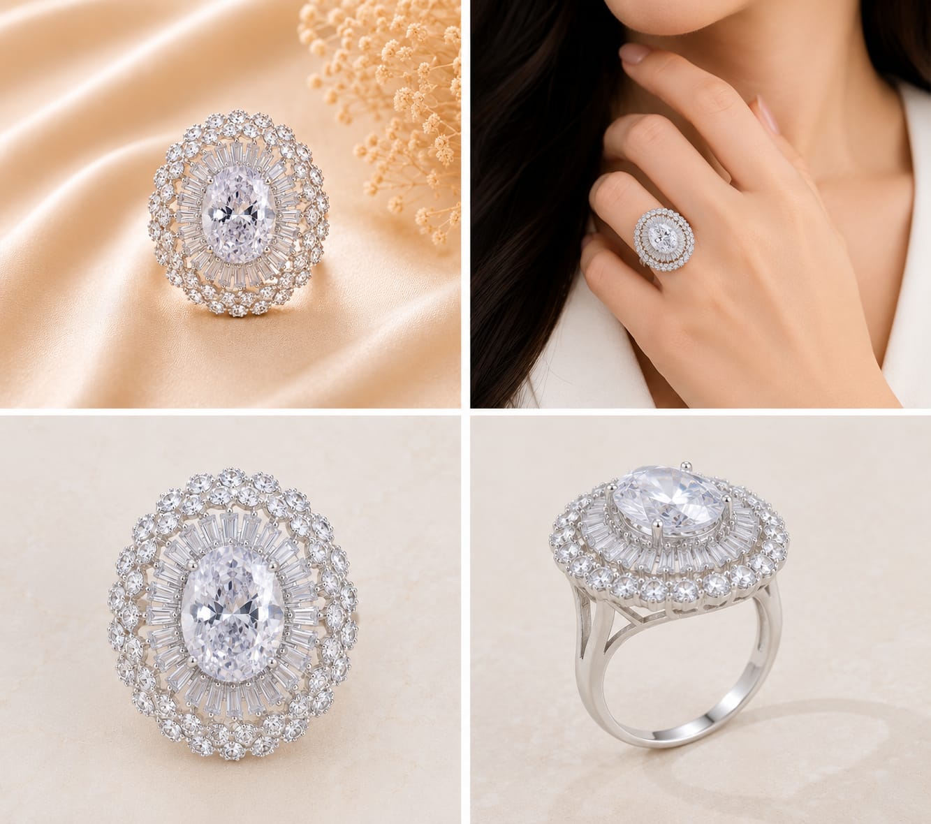 Silver Tone White Oval Cocktail Ring