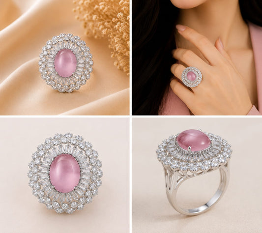 Silver Tone Pink Toned Oval Cocktail Ring