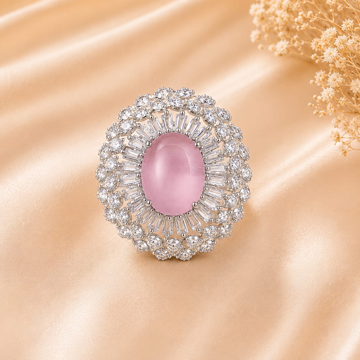 Silver Tone Pink Toned Oval Cocktail Ring