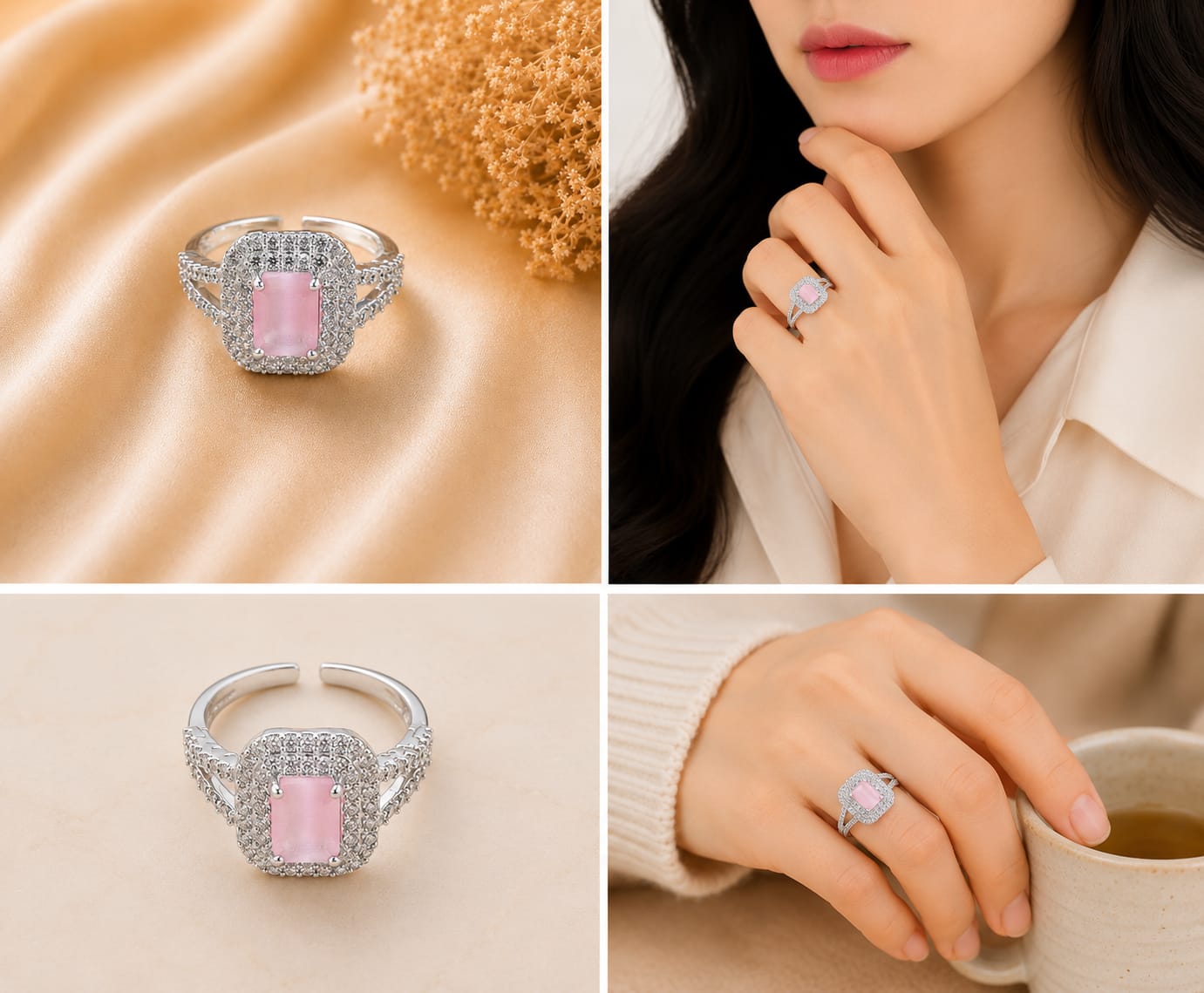 Silver Tone Pink Rectangular Halo Ring
