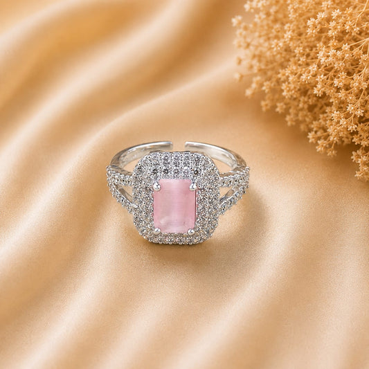 Silver Tone Pink Rectangular Halo Ring