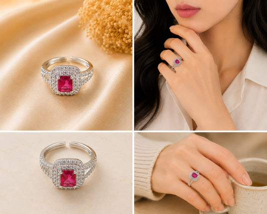Silver Tone Red Rectangular Halo Ring