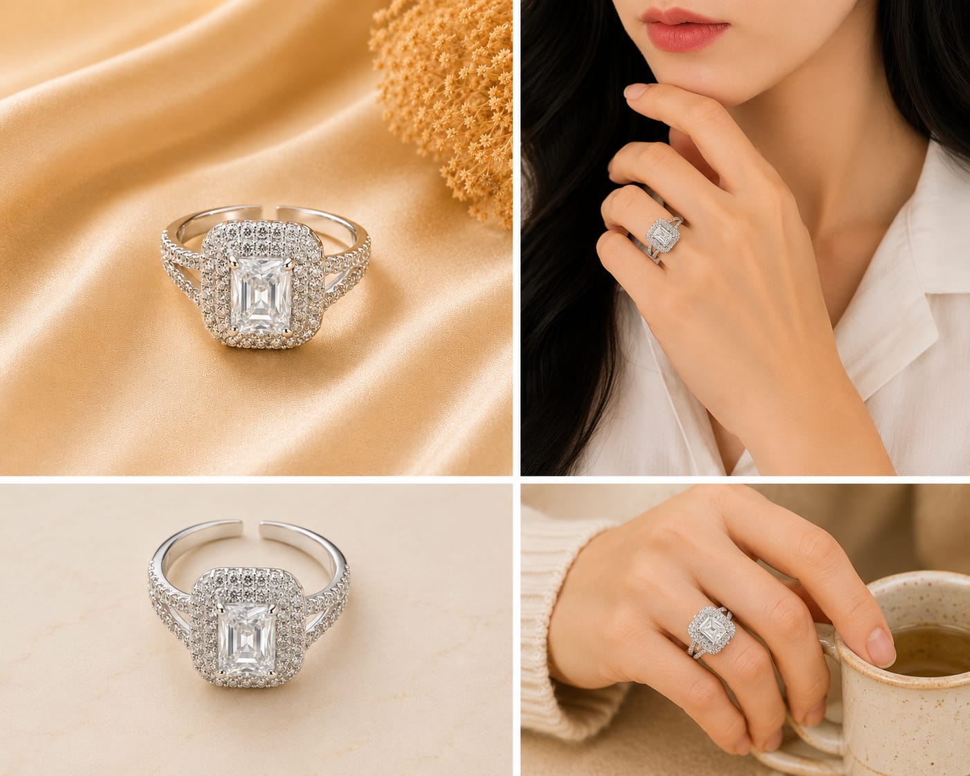 Silver Tone White Rectangular Halo Ring