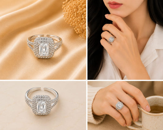 Silver Tone White Rectangular Halo Ring