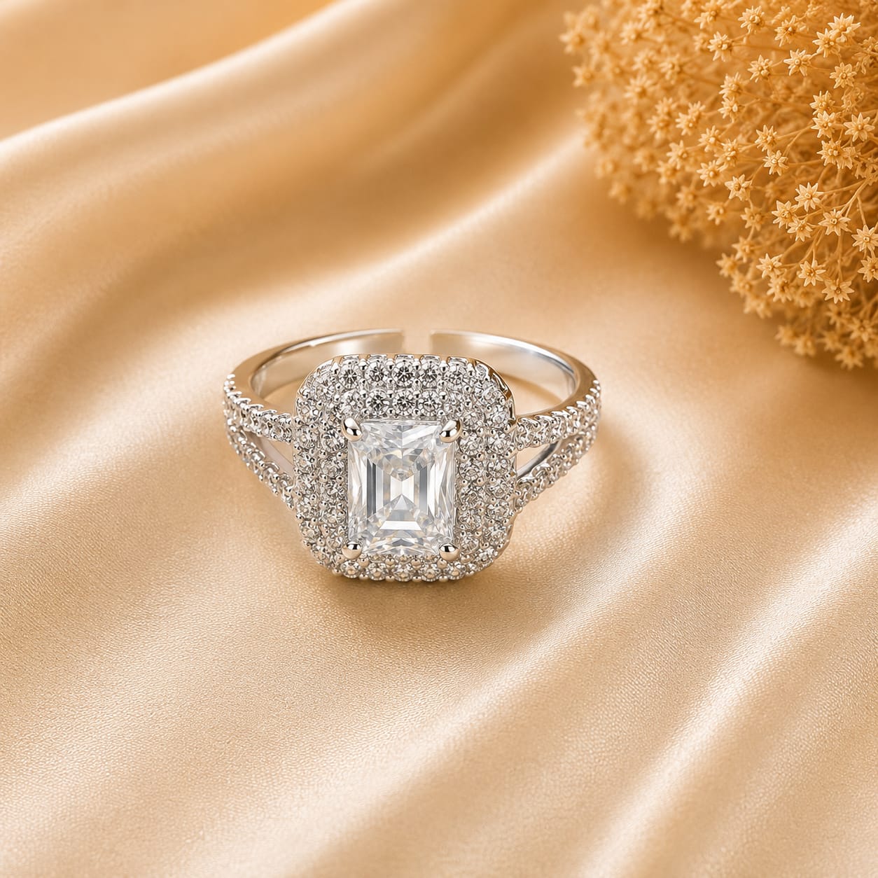 Silver Tone White Rectangular Halo Ring