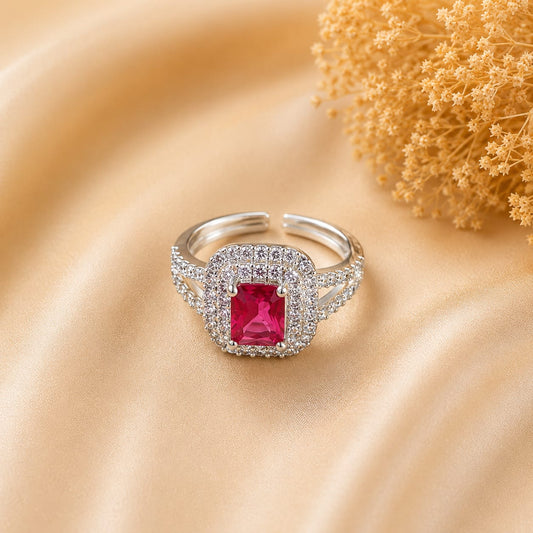 Silver Tone Red Rectangular Halo Ring