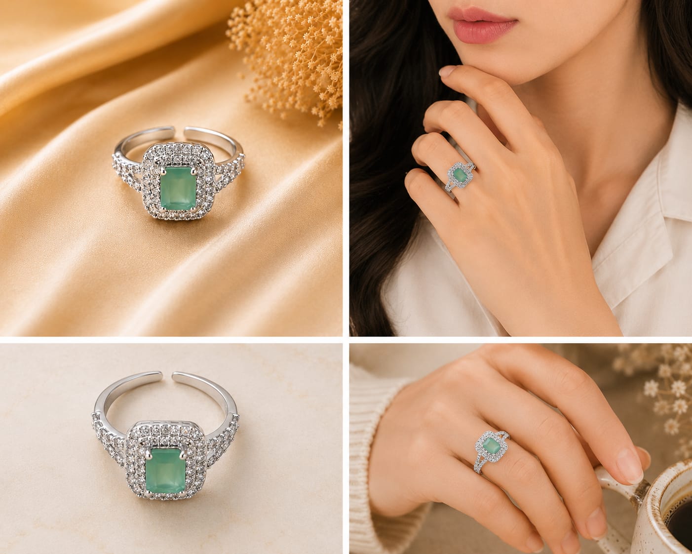 Silver Tone Seafoam Green Rectangular Halo Ring