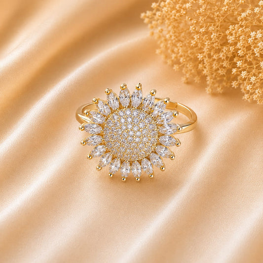 Gold Tone Plated Sunflower Crystal Cocktail Ring