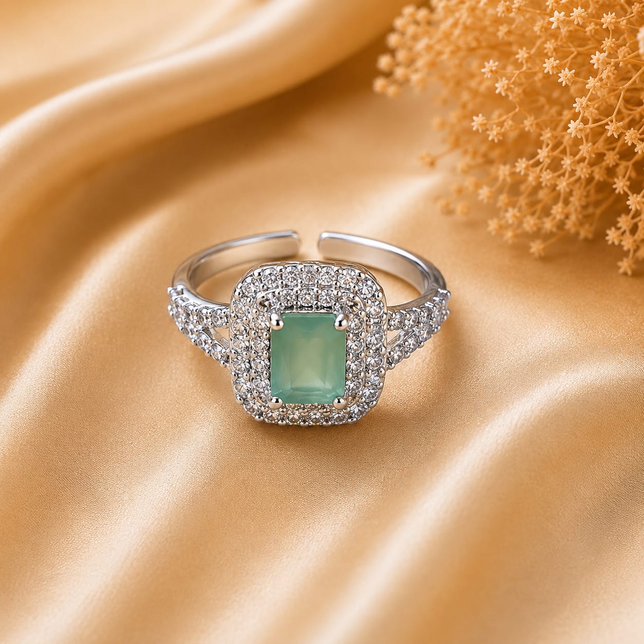 Silver Tone Seafoam Green Rectangular Halo Ring