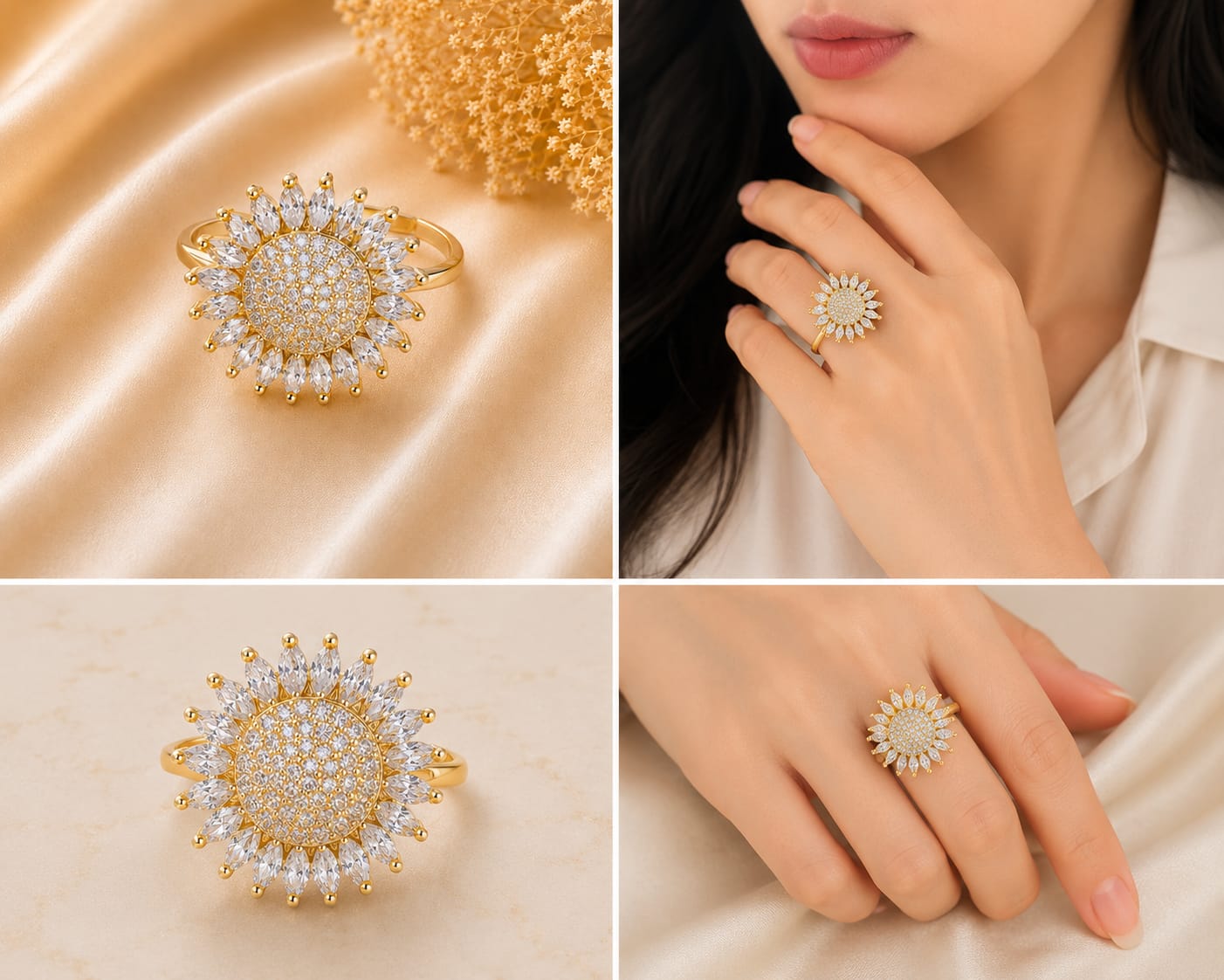 Gold Tone Plated Sunflower Crystal Cocktail Ring