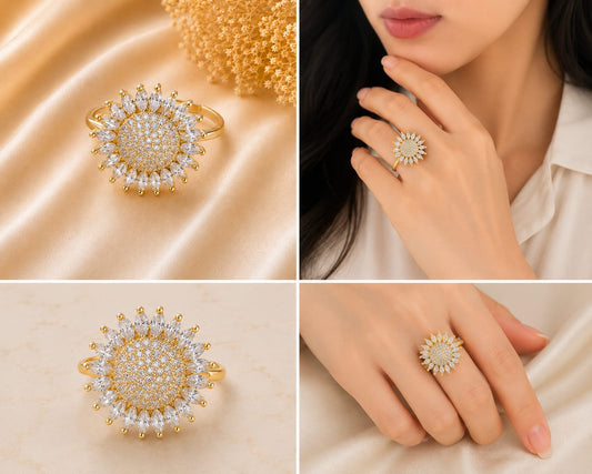 Gold Tone Plated Sunflower Crystal Cocktail Ring