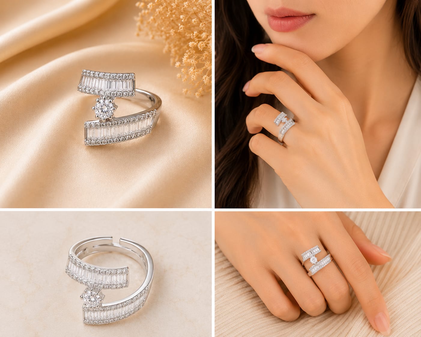 Silver Tone Geometric Bypass Solitaire Ring