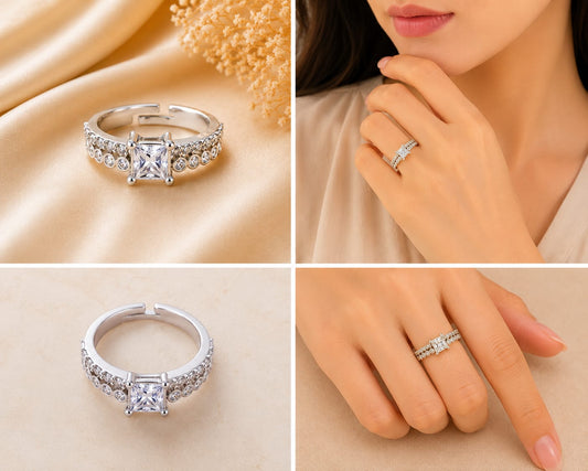 Silver Tone Princess Cut Double Layered Band Ring