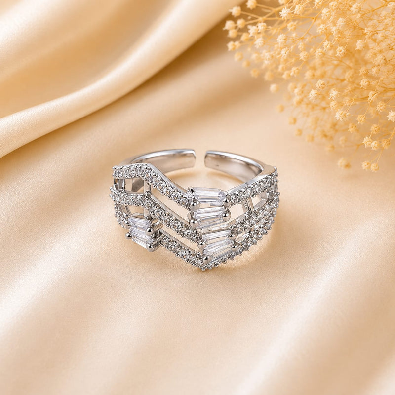 Silver Tone Triple Layered Chevron Baguette Ring