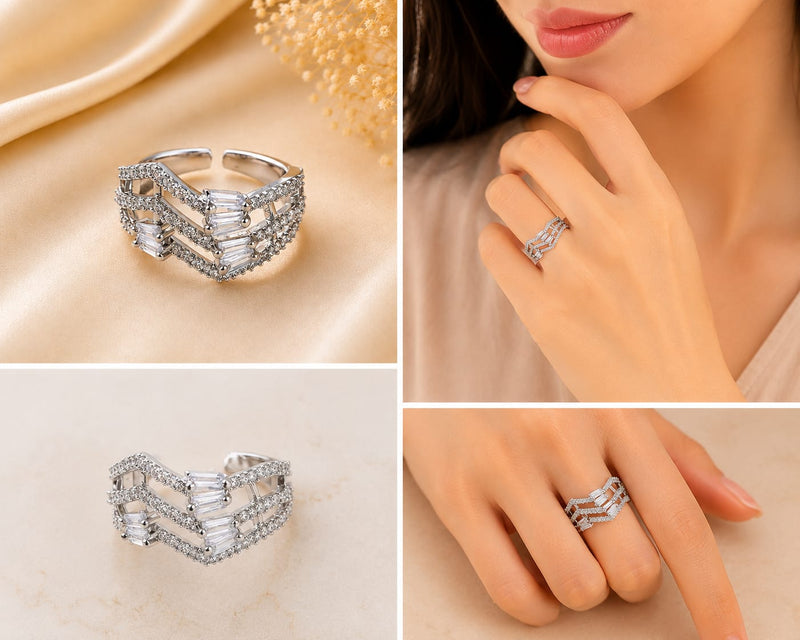 Silver Tone Triple Layered Chevron Baguette Ring