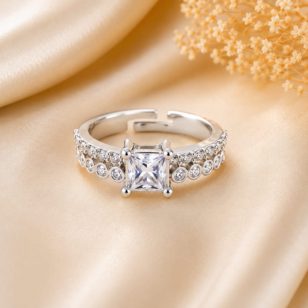 Silver Tone Princess Cut Double Layered Band Ring
