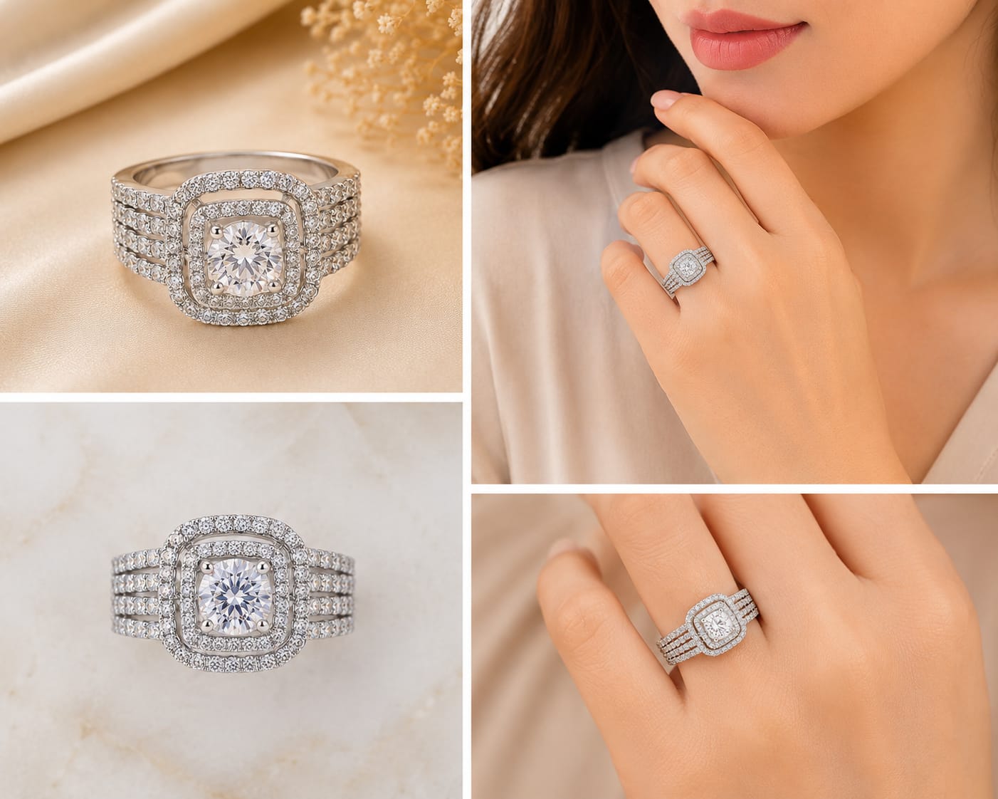 Silver Tone Four Row Band Double Halo Ring