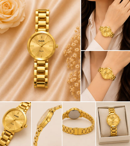 Minimalist Gold-Tone Anti-tarnish Analog Watch for women with Linked Bracelet