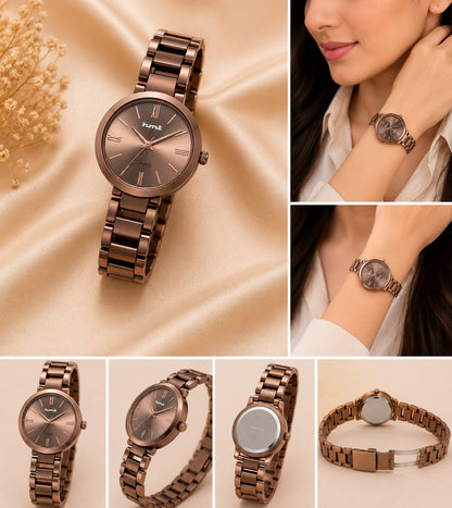 Minimalist Rose Gold Dark Tone Anti-tarnish Analog Watch for women with Metal Link Bracelet
