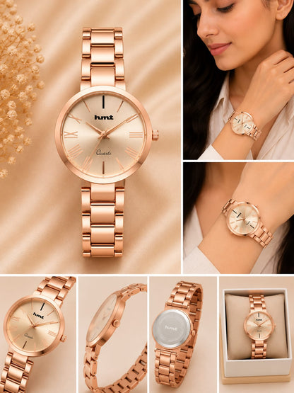 Elegant Rose Gold Women's Analog Quartz Anti-tarnish Watch – Classic Metallic Link Bracelet