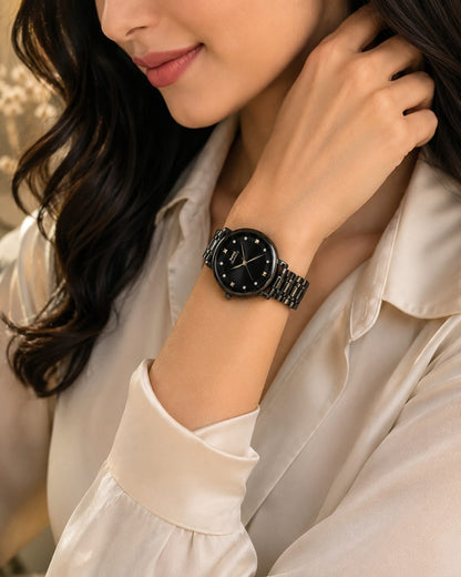 HMT Quartz Sleek All-Black Anti-tarnish Analog Watch for women with Crystal Accents