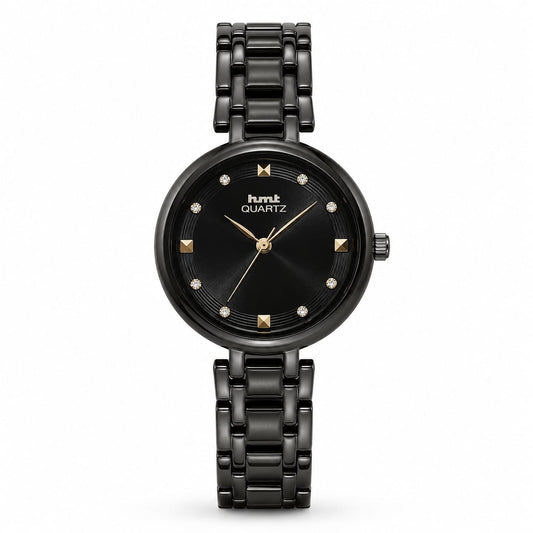 HMT Quartz Sleek All-Black Women's Analog Watch with Crystal Accents