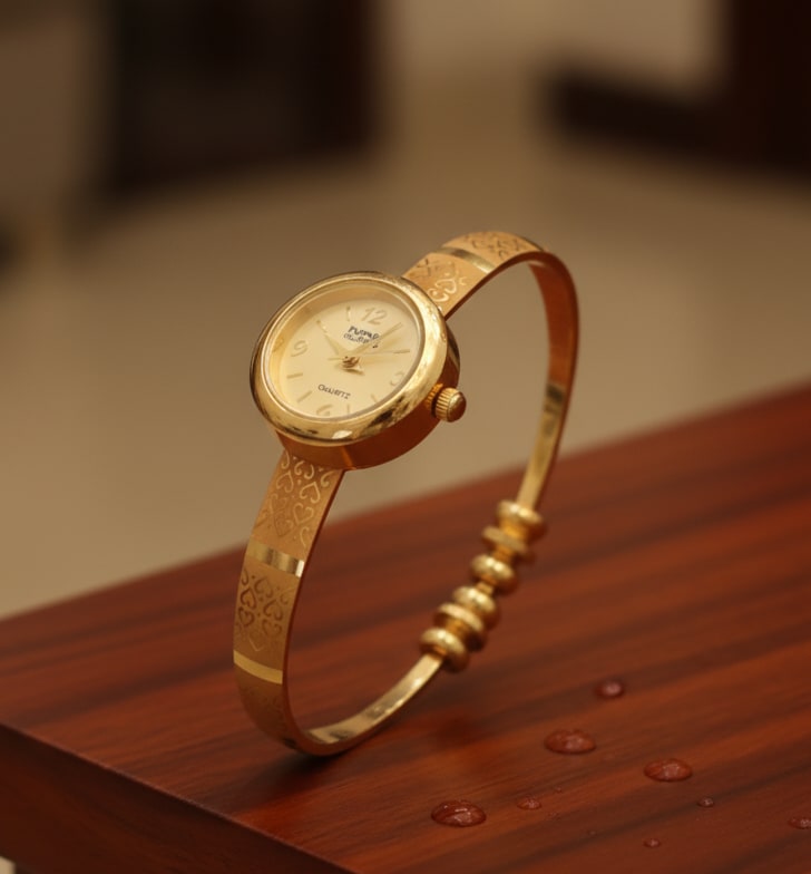 Gold Plated White Dial Adjustable Bracelet Watch For Women