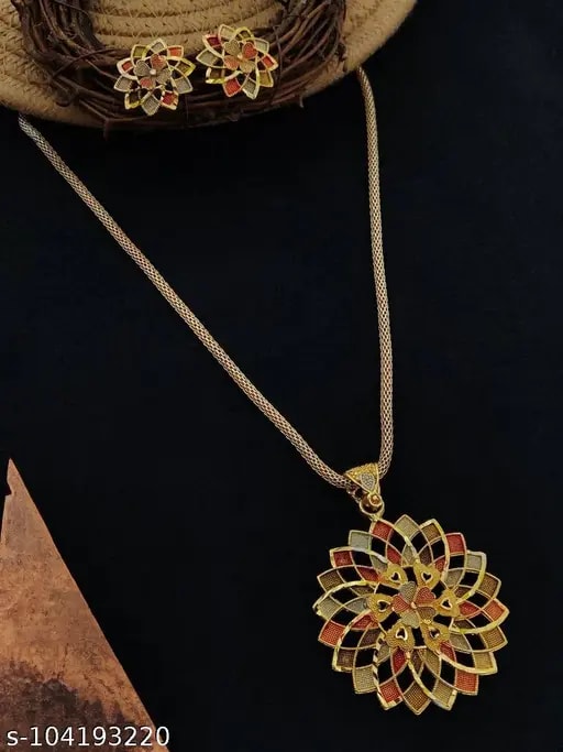 Multicoloured Designer High Gold Plated Pendant Chain with Beautiful Earrings